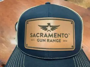 Custom Laser Engraved patch on have for Sacramento Gun Range by BR Embroidery in Poway, CA